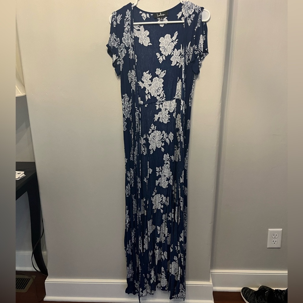 Lulus Heart Of Marigold Navy Blue Floral Print Wrap Maxi Dress - Size Small - Picture 5 of 6